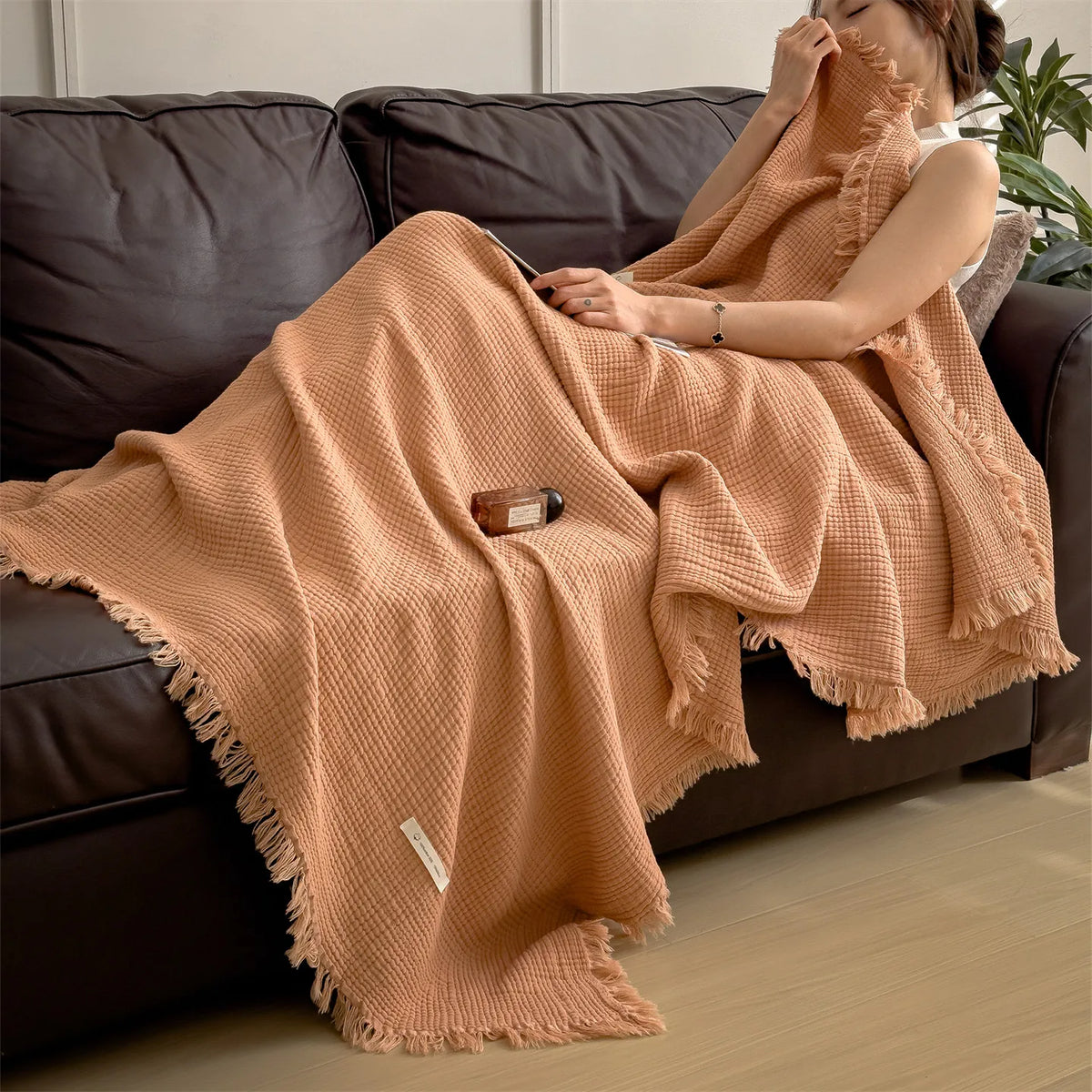 Blue Four-Layer 100% Cotton Fringed Throw