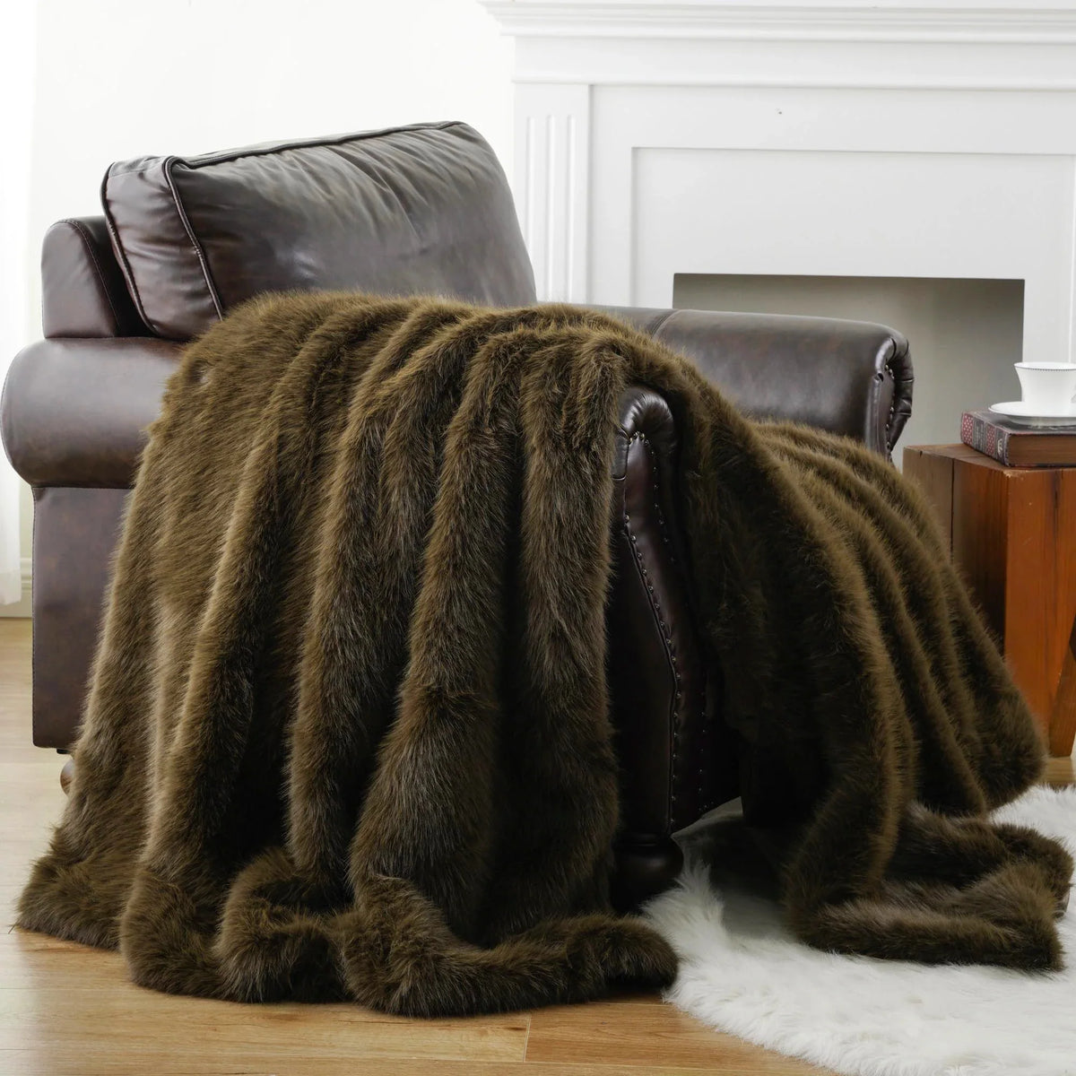 Khaki Soft Long-Pile Faux Fur Throw