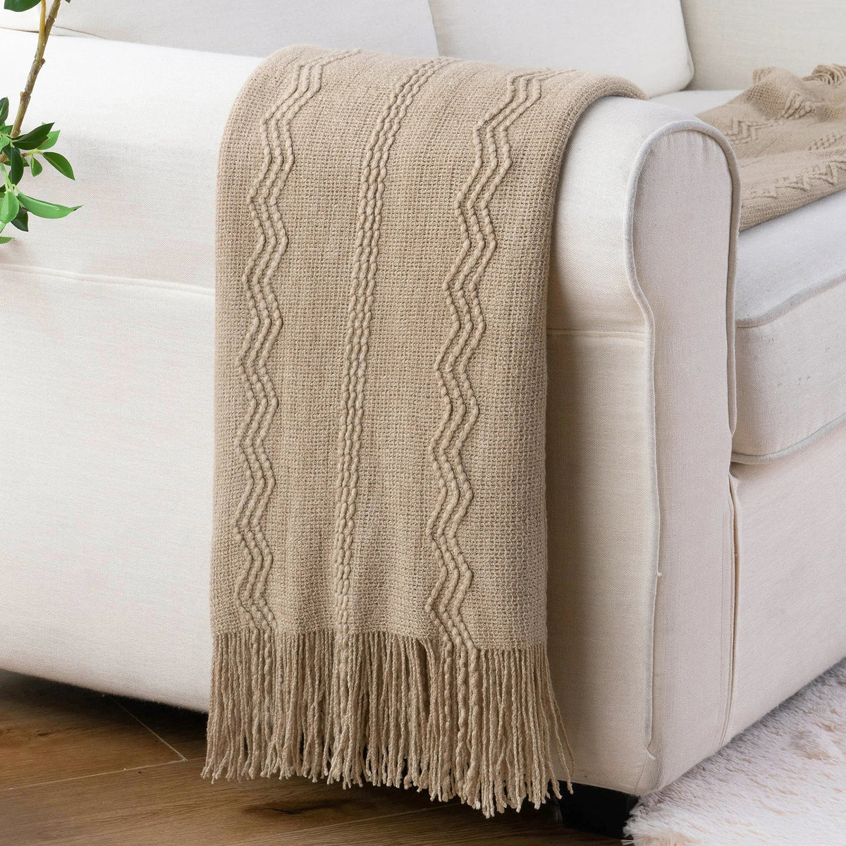 Beige Textured Knitted Fringed Throw