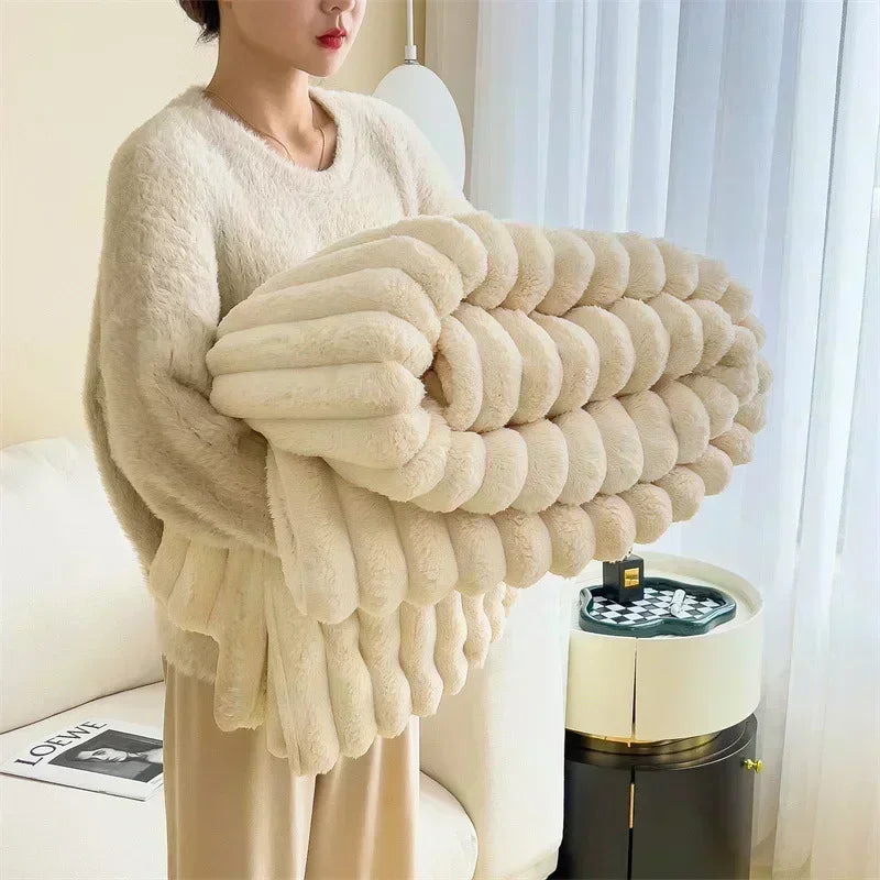 Beige Soft Ribbed Faux Fur Throw