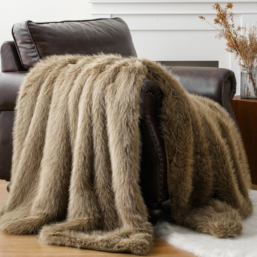 Taupe Soft Long-Pile Faux Fur Throw