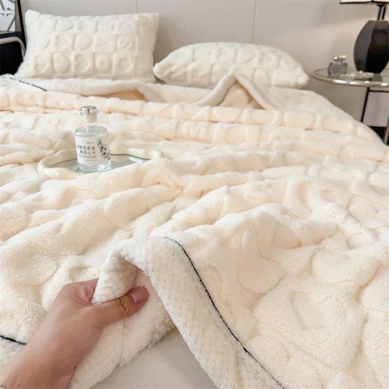 Beige Soft Raised Heart-Pattern Fleece Throw