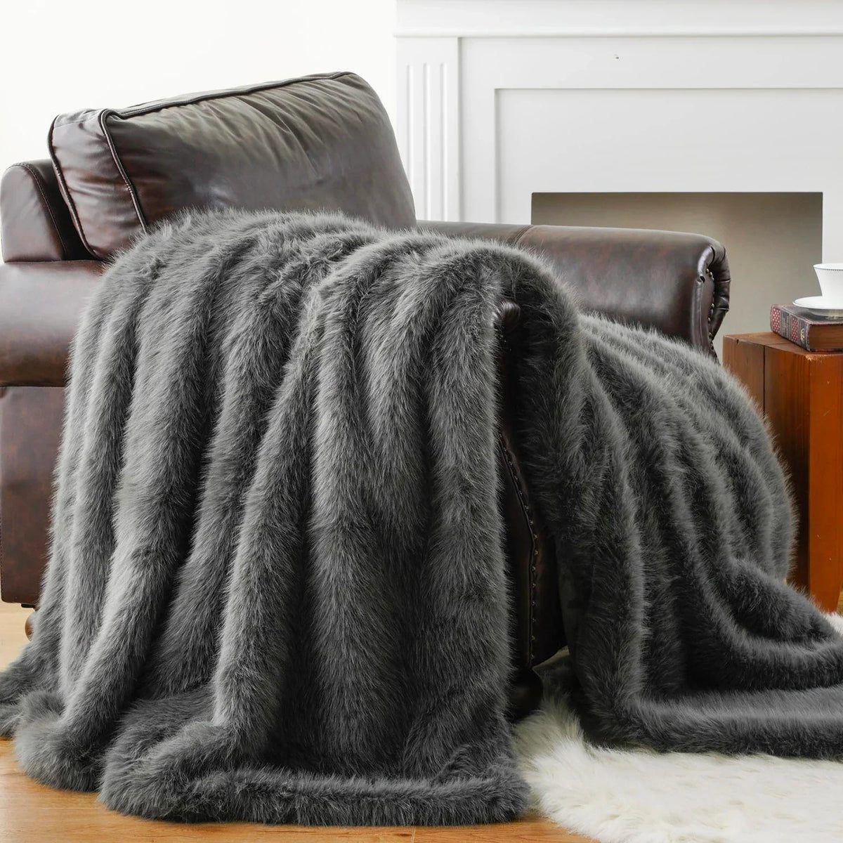 Grey Soft Long-Pile Faux Fur Throw
