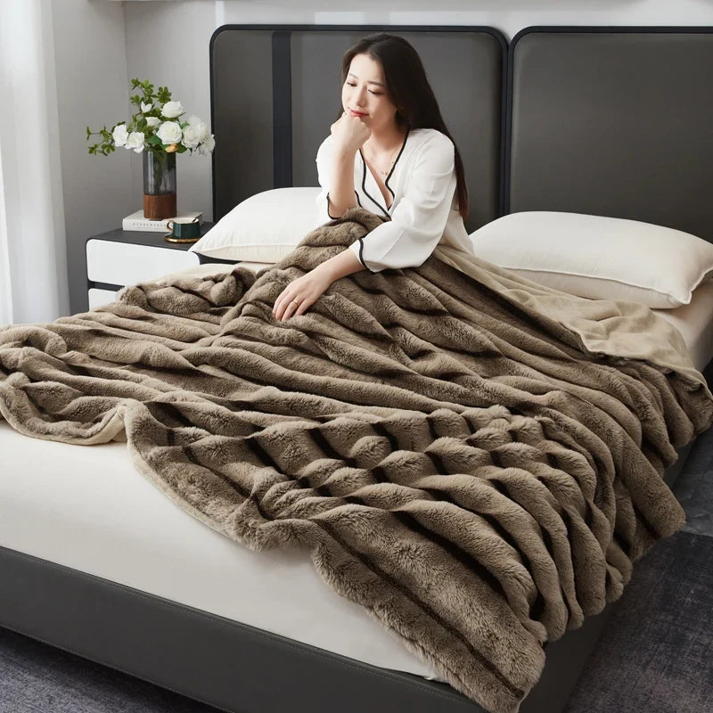 Coffee Brown Plush Textured Striped Faux Fur Throw