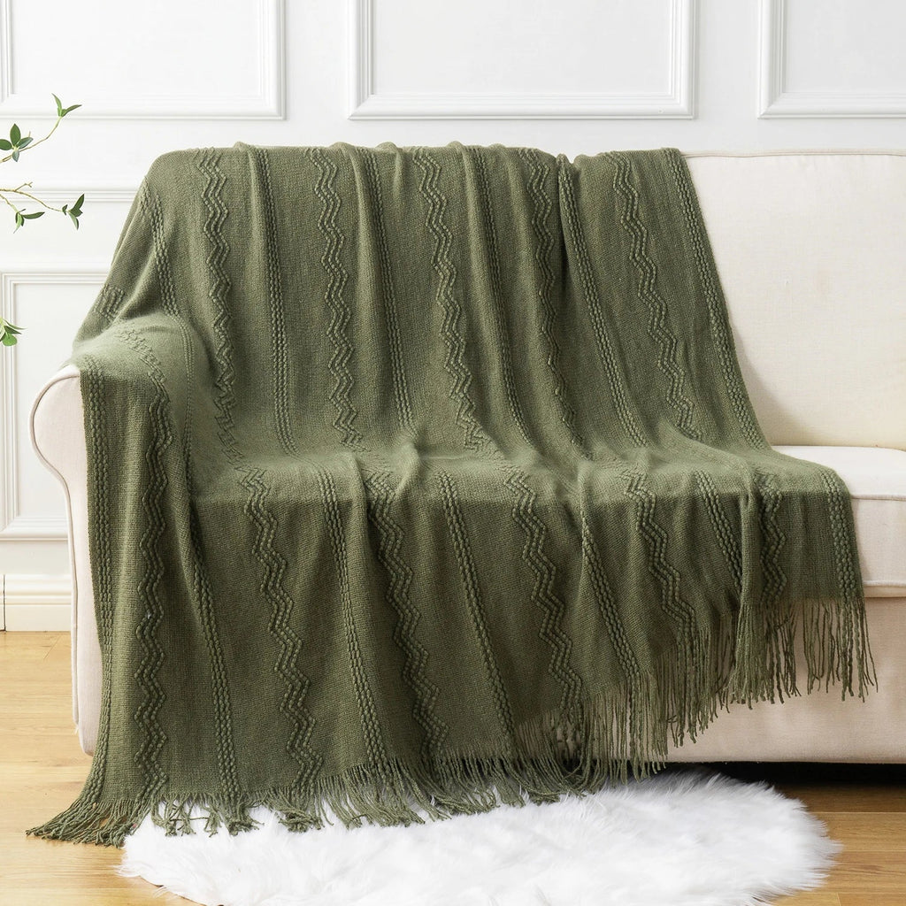 Green Textured Knitted Fringed Throw