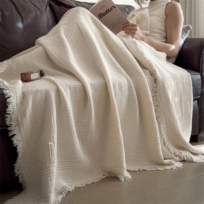Beige Four-Layer 100% Cotton Fringed Throw