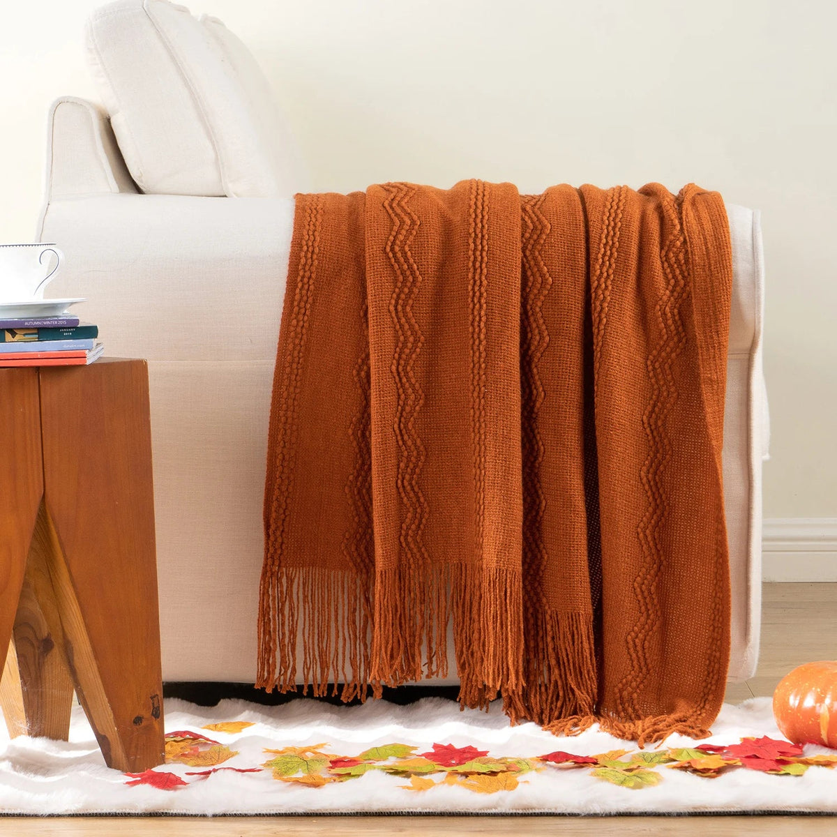 Black Textured Knitted Fringed Throw