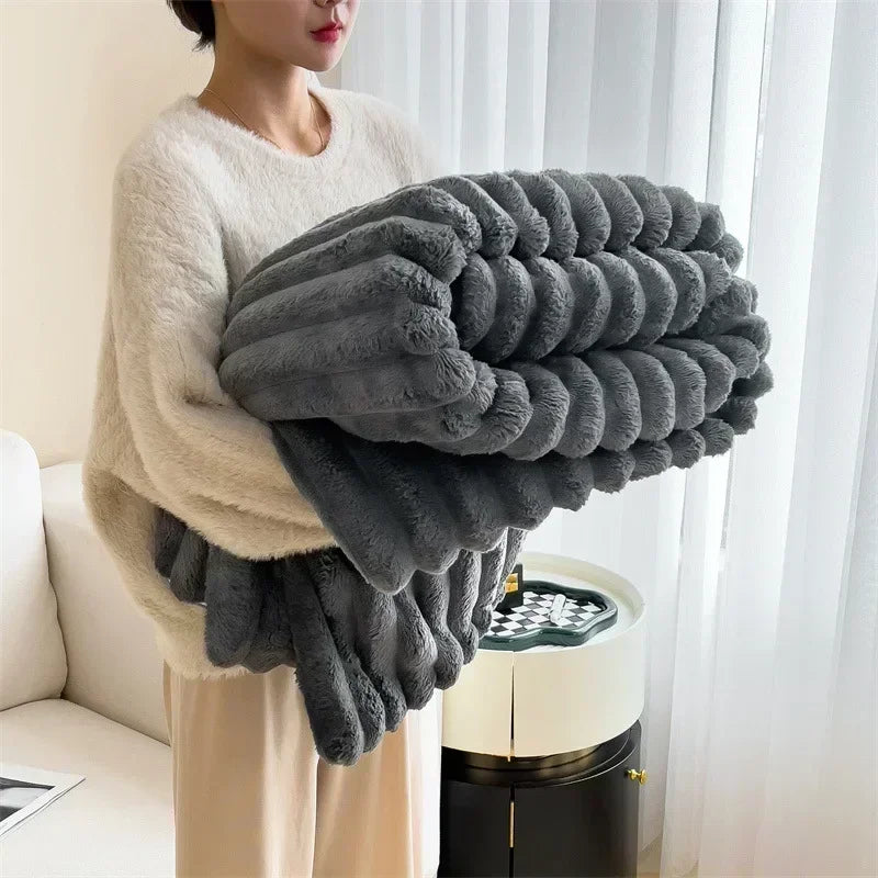 Grey Soft Ribbed Faux Fur Throw