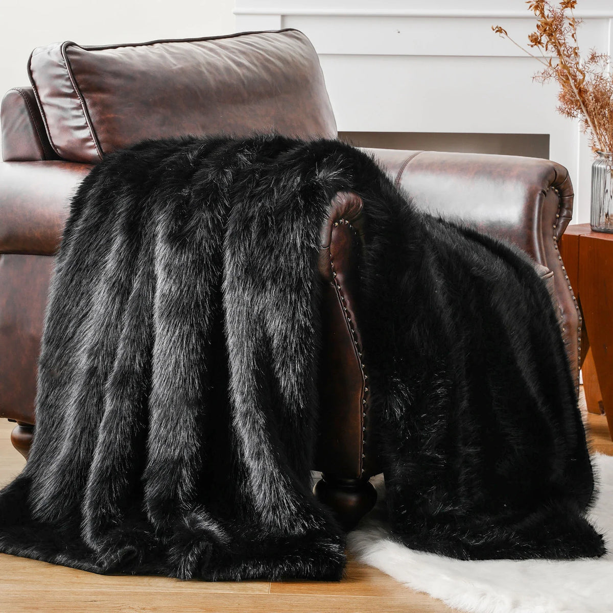 Black Soft Long-Pile Faux Fur Throw