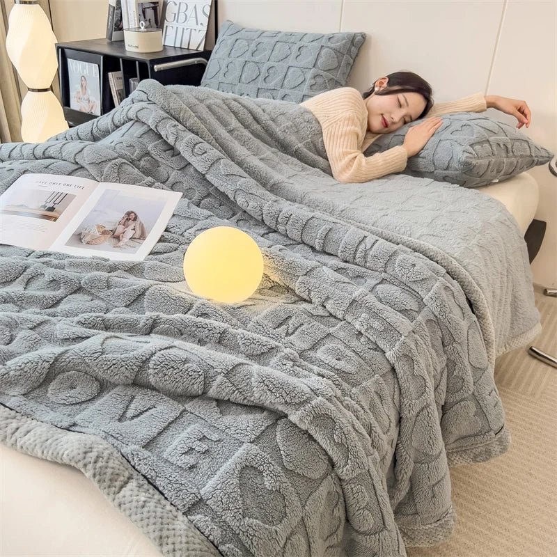 Grey Soft Raised Heart-Pattern Fleece Throw