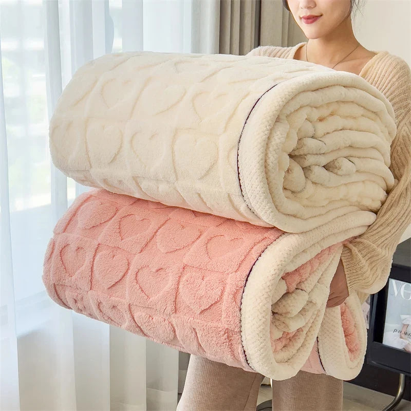 Beige Soft Raised Heart-Pattern Fleece Throw