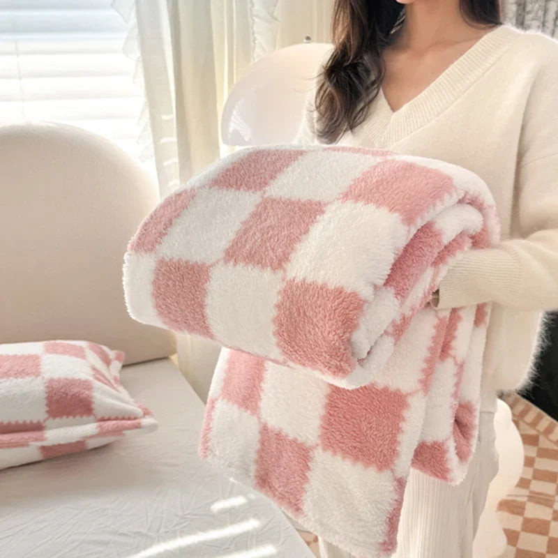Pink Soft Checked Fleece Throw