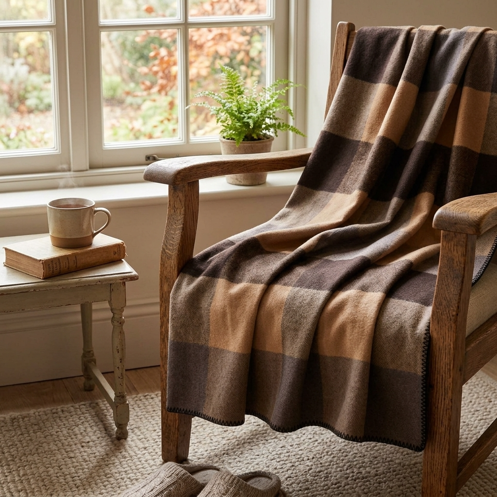 100% Wool Camel and Brown Striped Throw