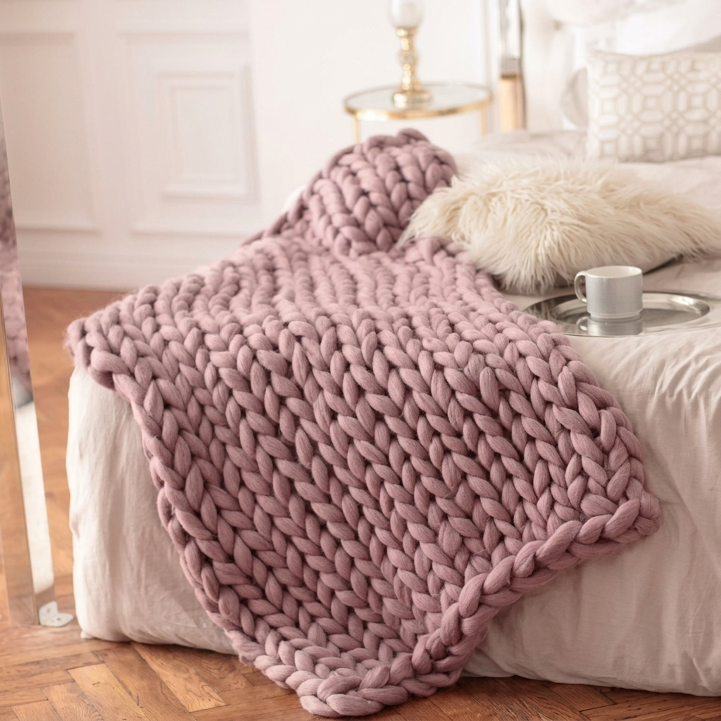 Pink Chunky-Knit 100% Cotton Throw