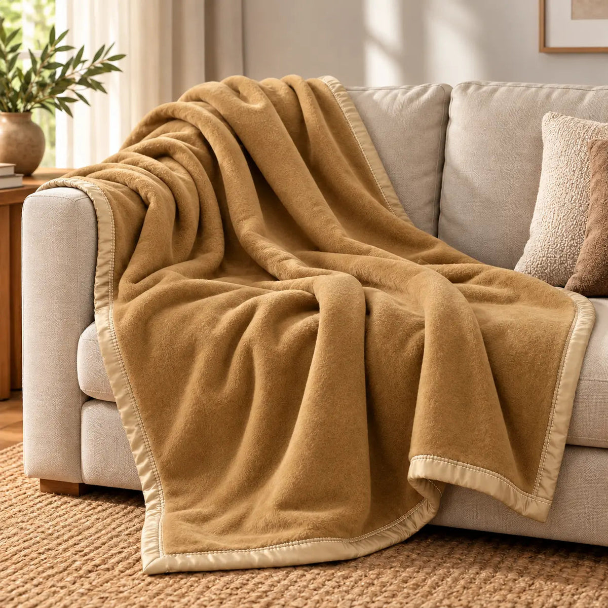 Beige 100% Wool Throw – 150x200cm