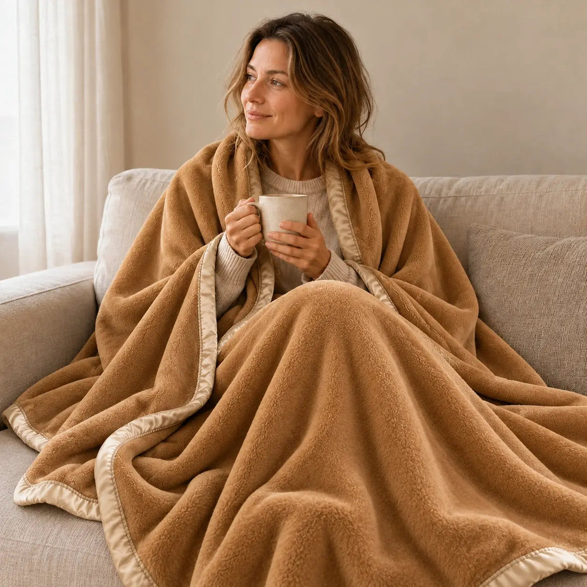 Beige 100% Wool Throw – 180x200cm