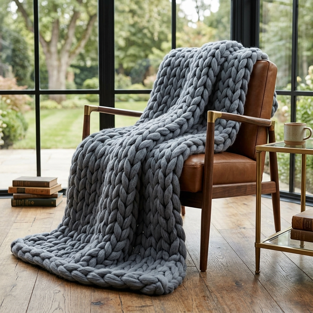 Blue Chunky-Knit 100% Cotton Throw