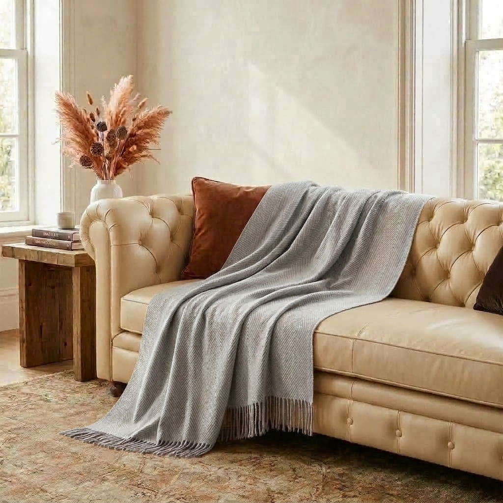 Grey Plain 100% Wool Fringed Throw