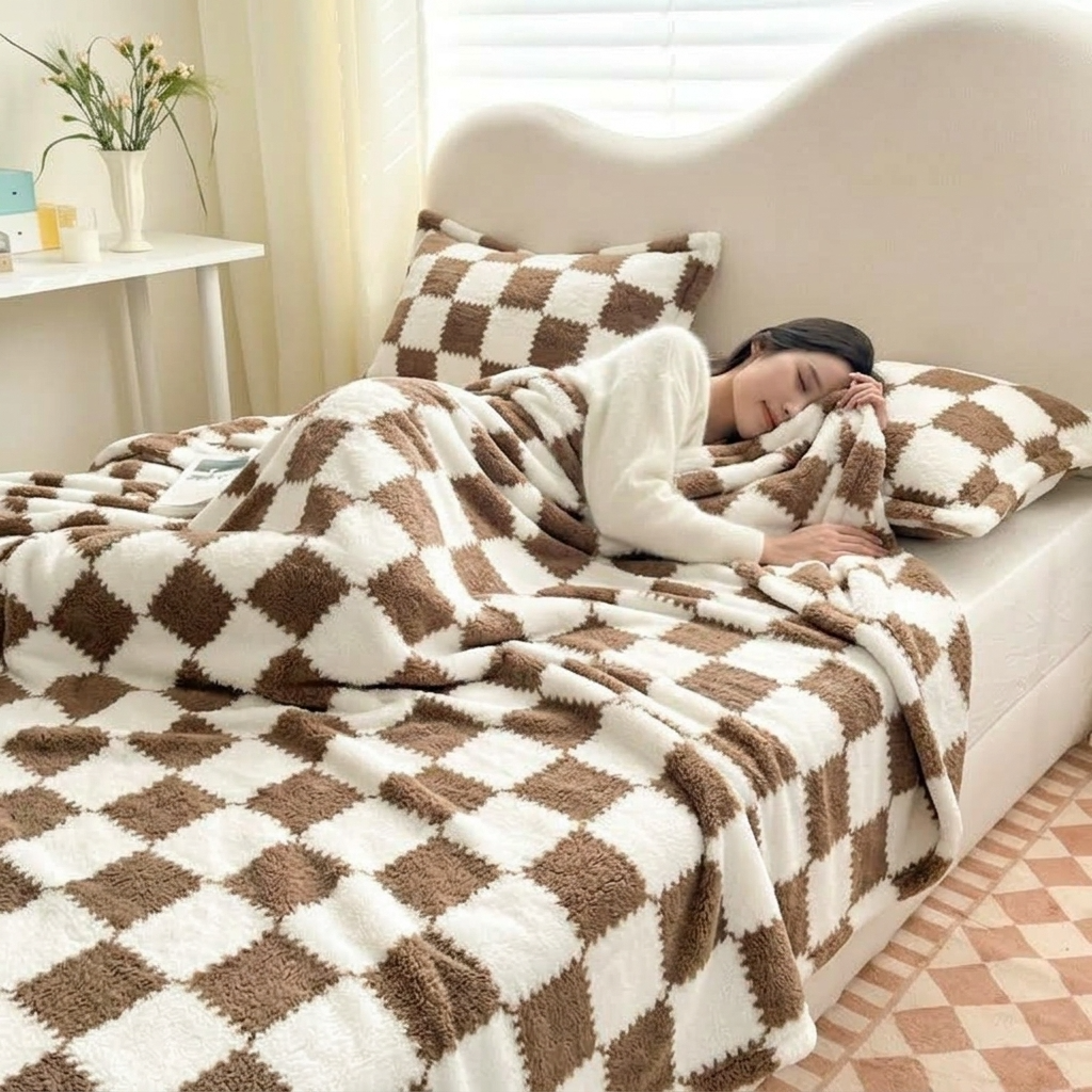 Coffee Brown Soft Checked Fleece Throw