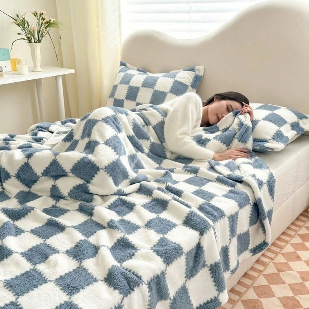 Blue Soft Checked Fleece Throw