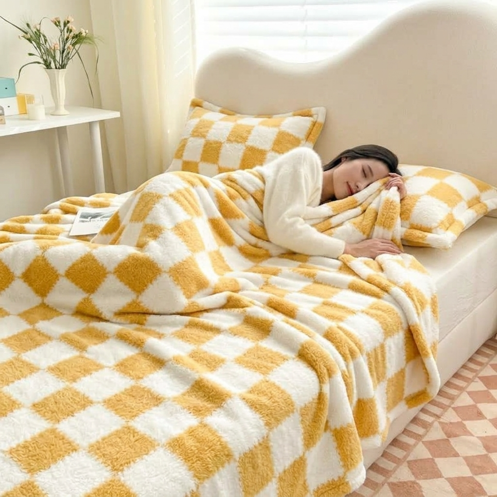Yellow Soft Checked Fleece Throw