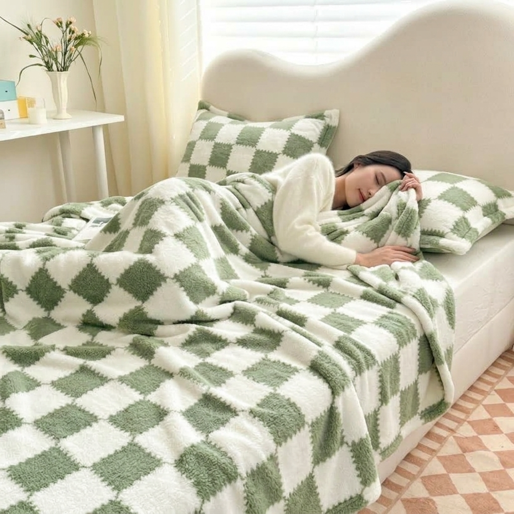 Green Soft Checked Fleece Throw