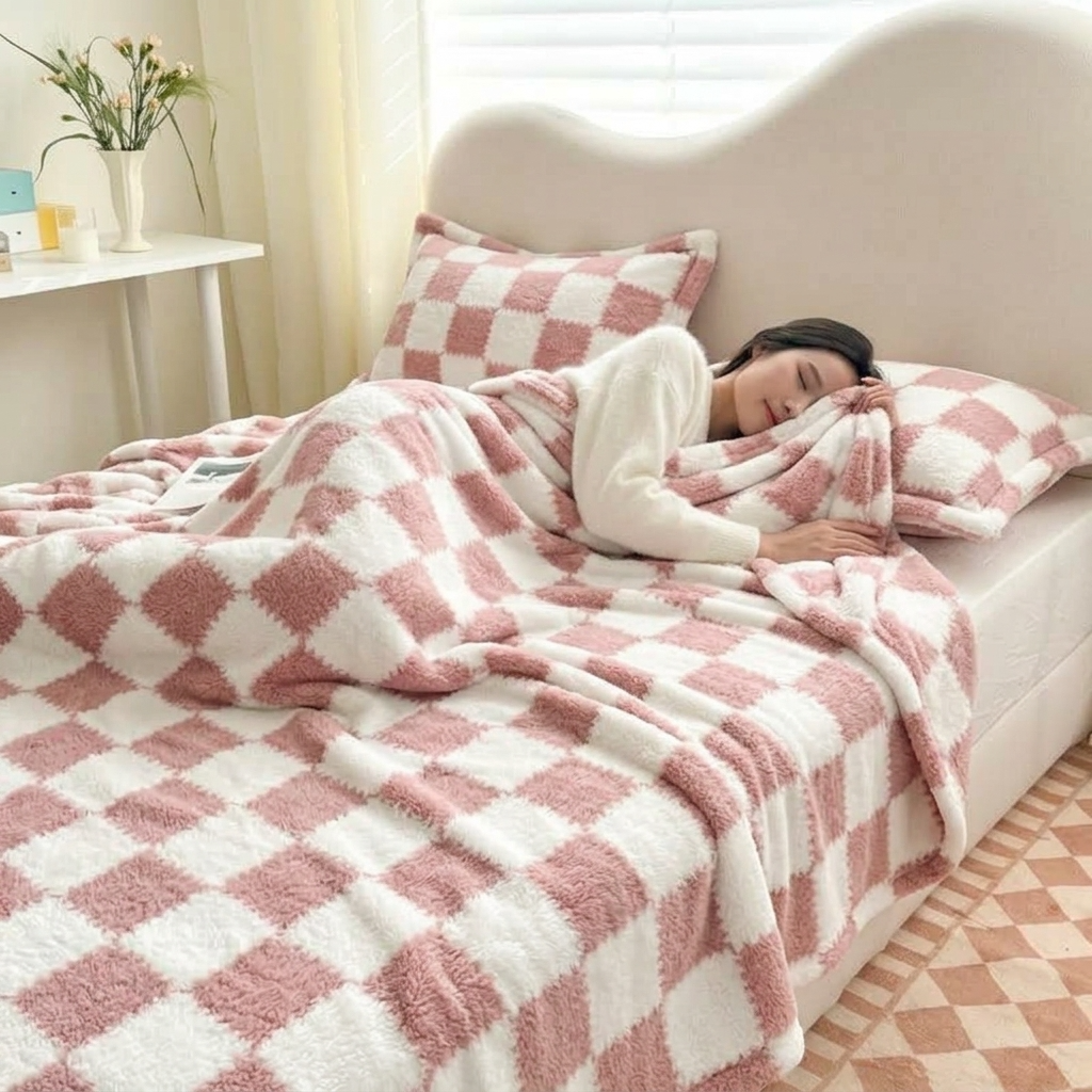 Pink Soft Checked Fleece Throw