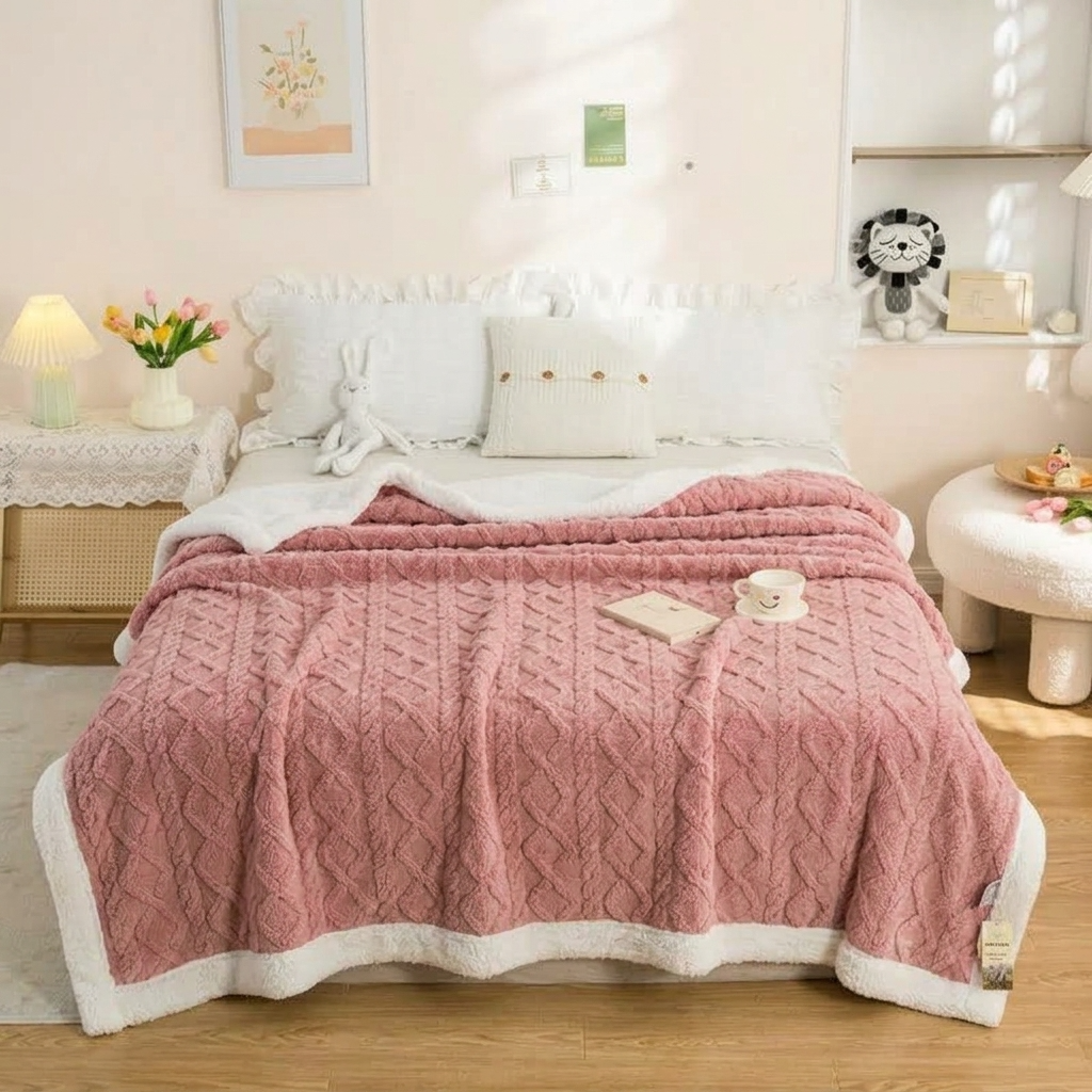 Pink Geometric Fleece and Sherpa Throw