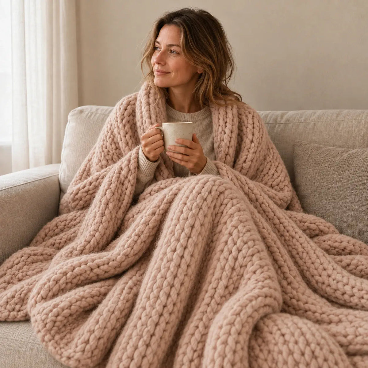 Chunky-Knit Sofa Throw – Beige 100x120cm