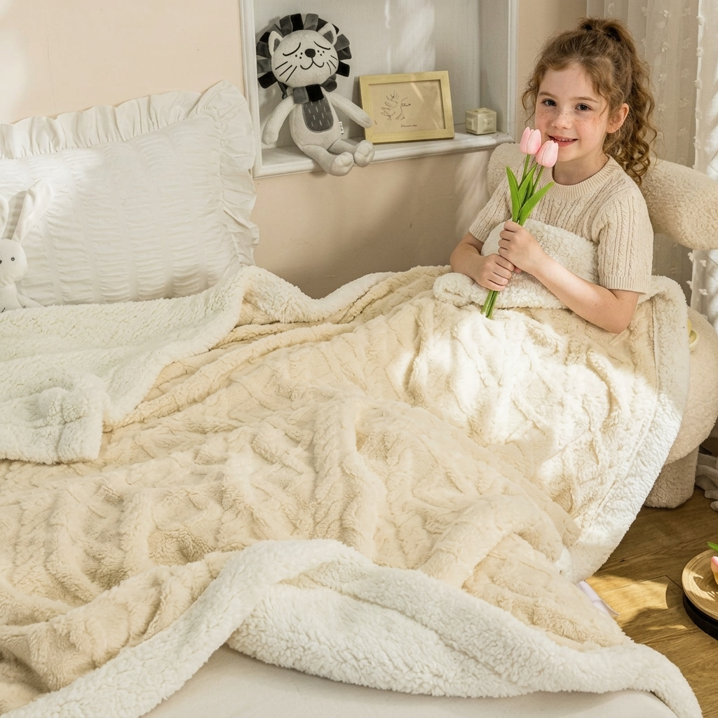 Beige Geometric Fleece and Sherpa Throw