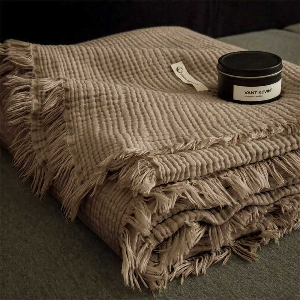 Coffee Brown Four-Layer 100% Cotton Fringed Throw