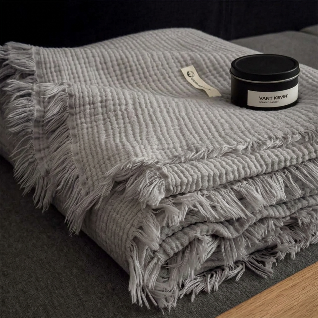 Grey Four-Layer 100% Cotton Fringed Throw
