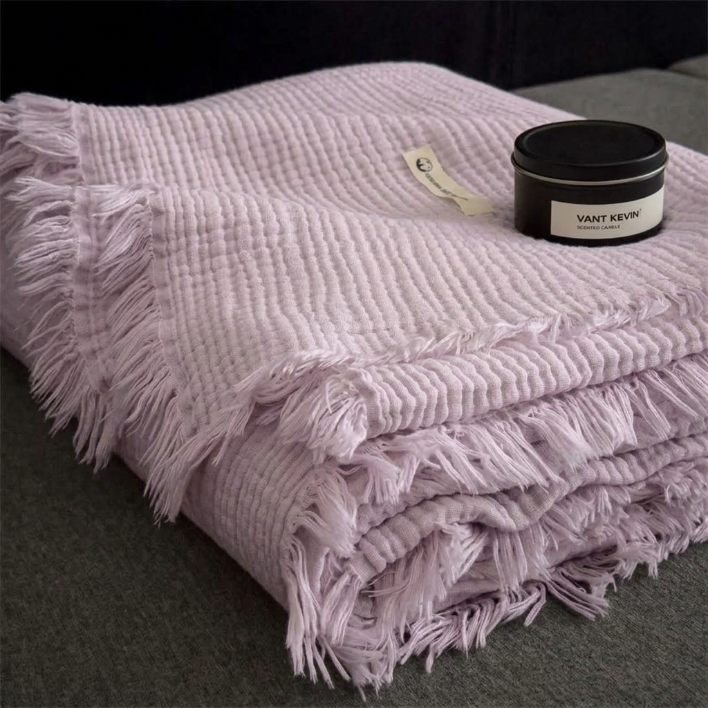 Purple Four-Layer 100% Cotton Fringed Throw