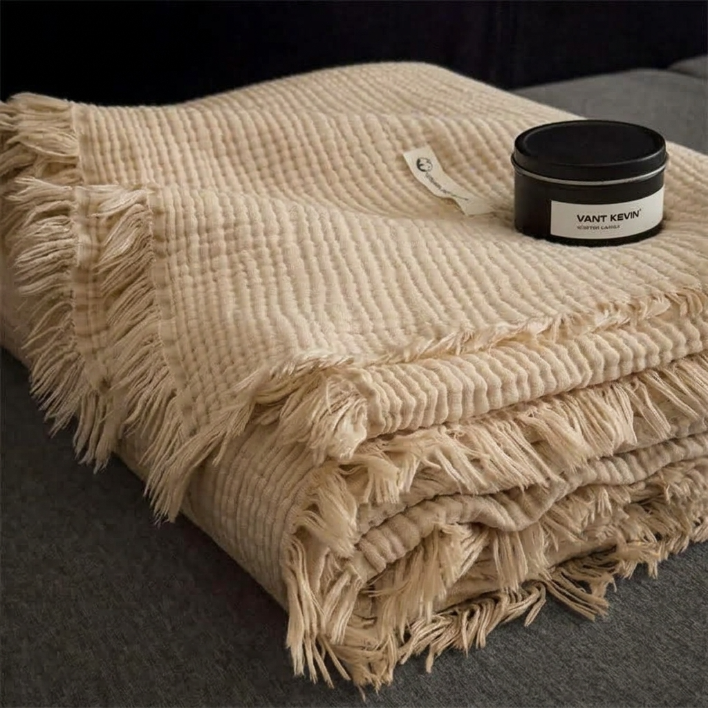 Taupe Four-Layer 100% Cotton Fringed Throw