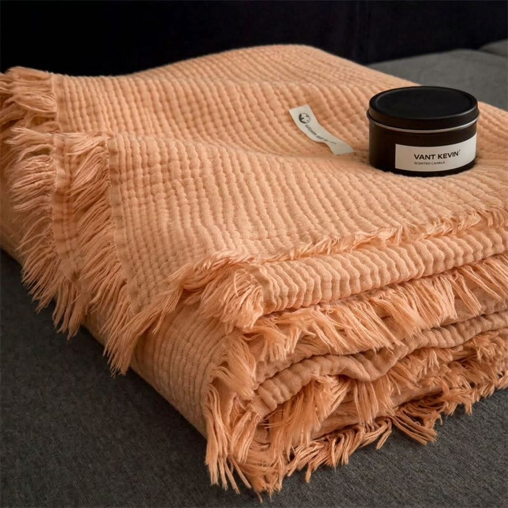 Orange Four-Layer 100% Cotton Fringed Throw