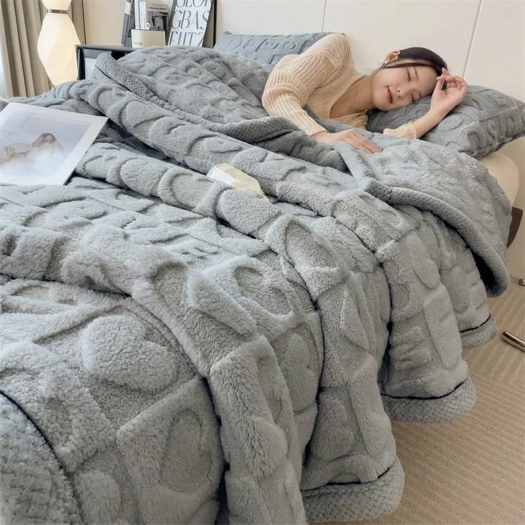 Grey Soft Raised Heart-Pattern Fleece Throw