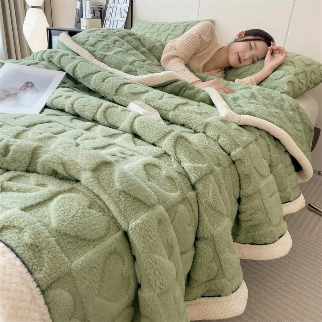 Green Soft Raised Heart-Pattern Fleece Throw