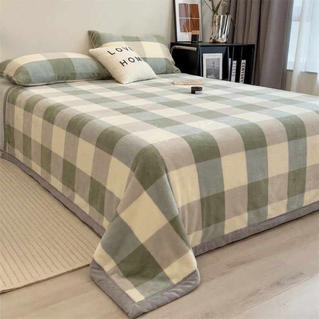 Sage Green Soft Large-Check Velvet Throw