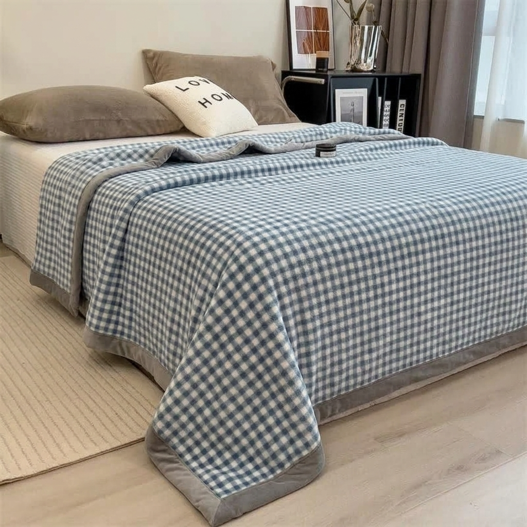 Mist Blue Soft Small-Check Velvet Throw