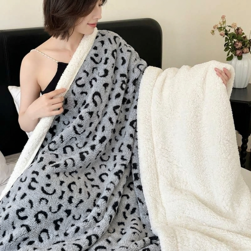 Grey Soft Leopard-Print Fleece Throw