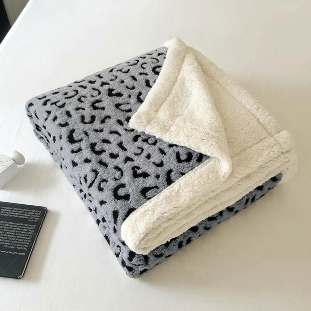 Grey Soft Leopard-Print Fleece Throw
