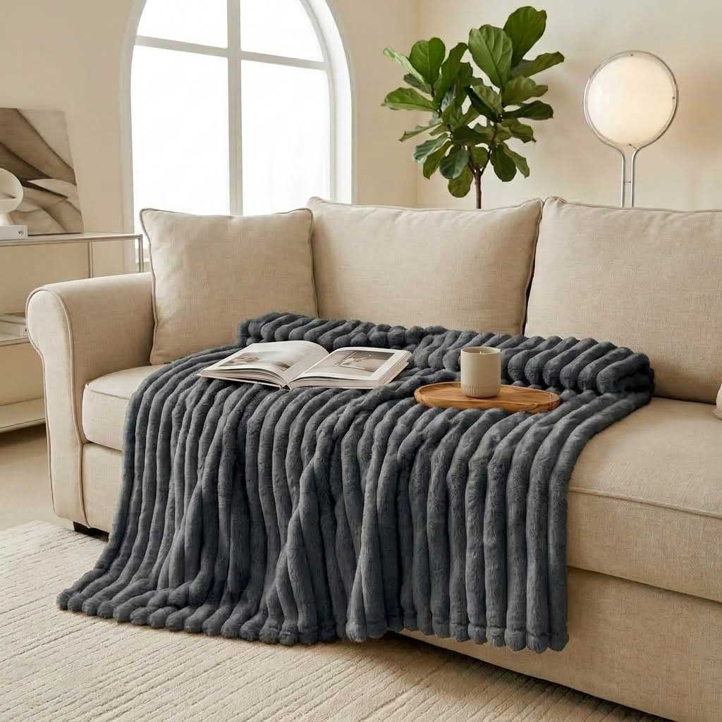 Grey Soft Ribbed Faux Fur Throw