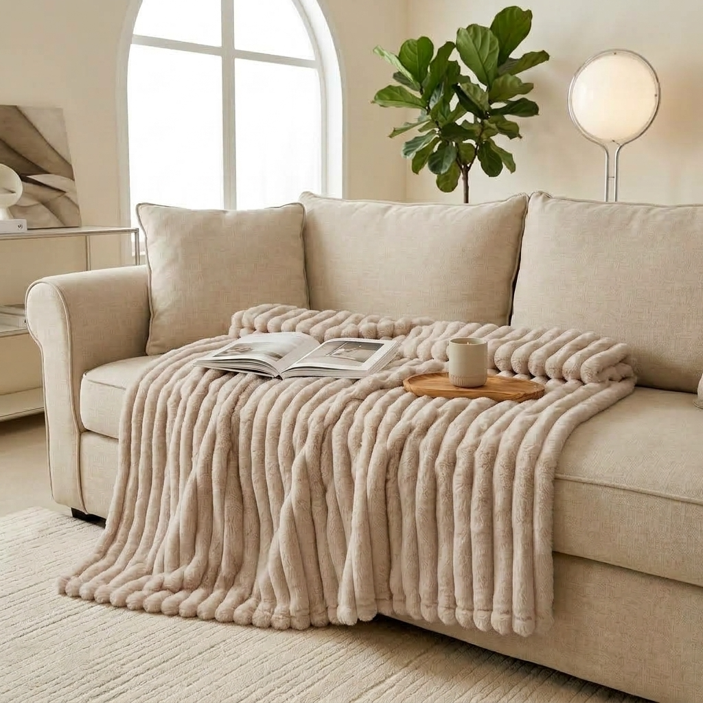 Taupe Soft Ribbed Faux Fur Throw