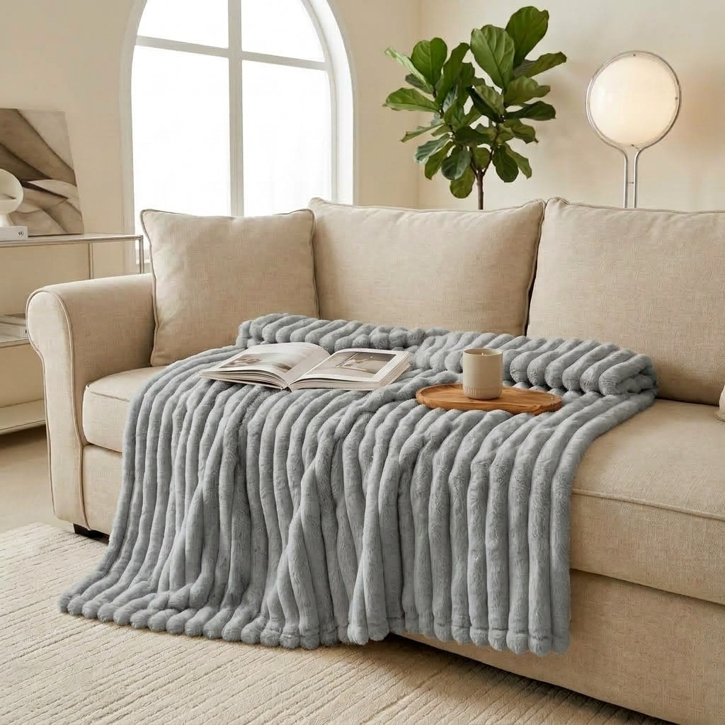 Silver Soft Ribbed Faux Fur Throw