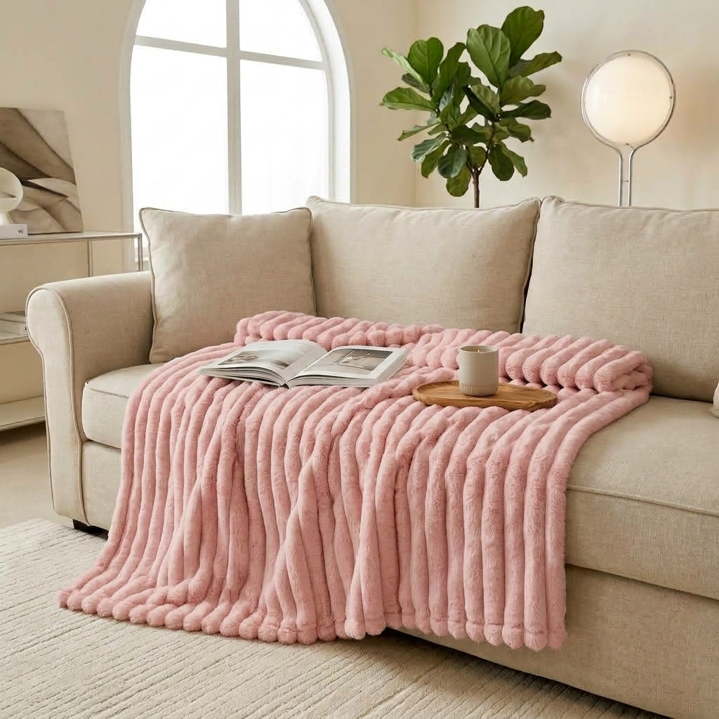 Pink Soft Ribbed Faux Fur Throw