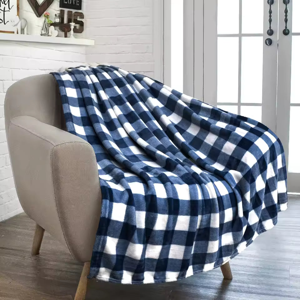 Blue and white large check tartan throw