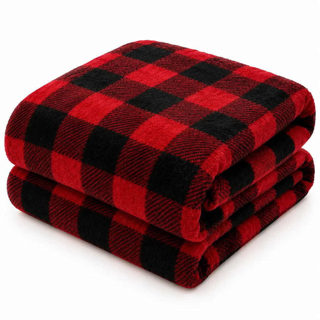 Blue and white large check tartan throw detail