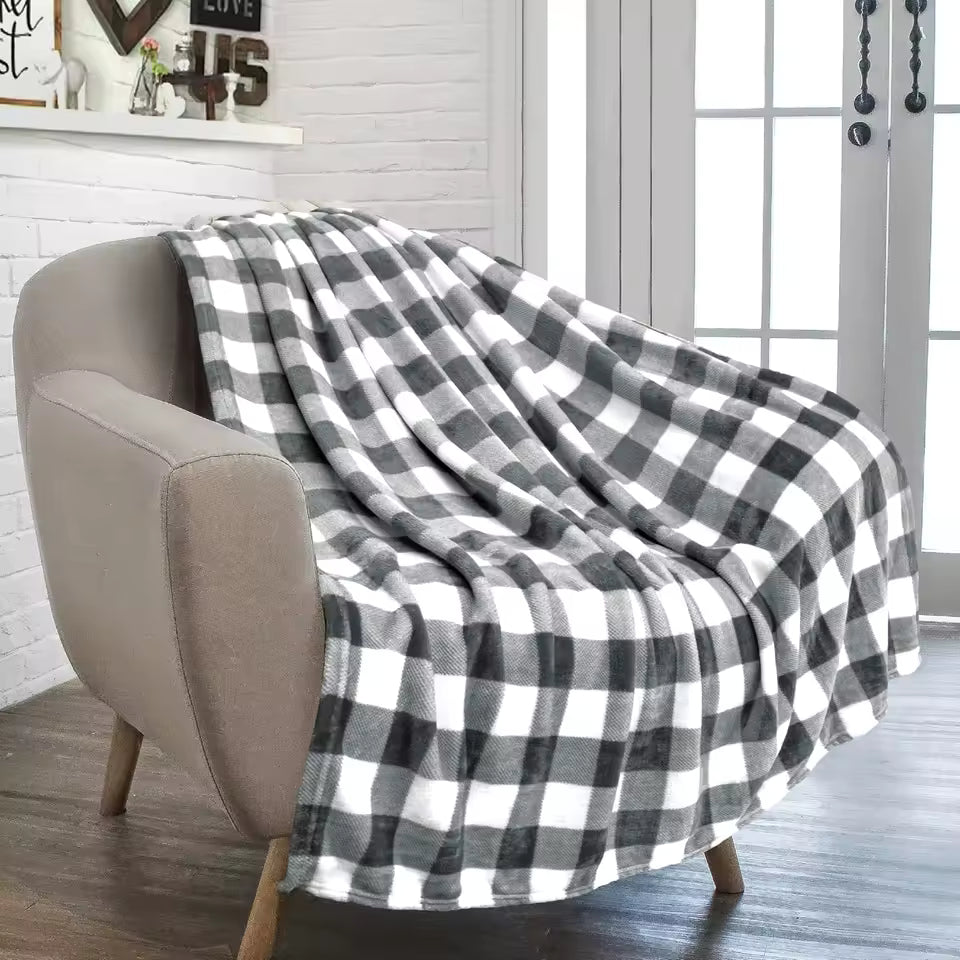 Grey and white large check tartan throw