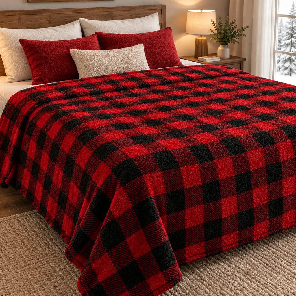Large check tartan throw styled on a bed