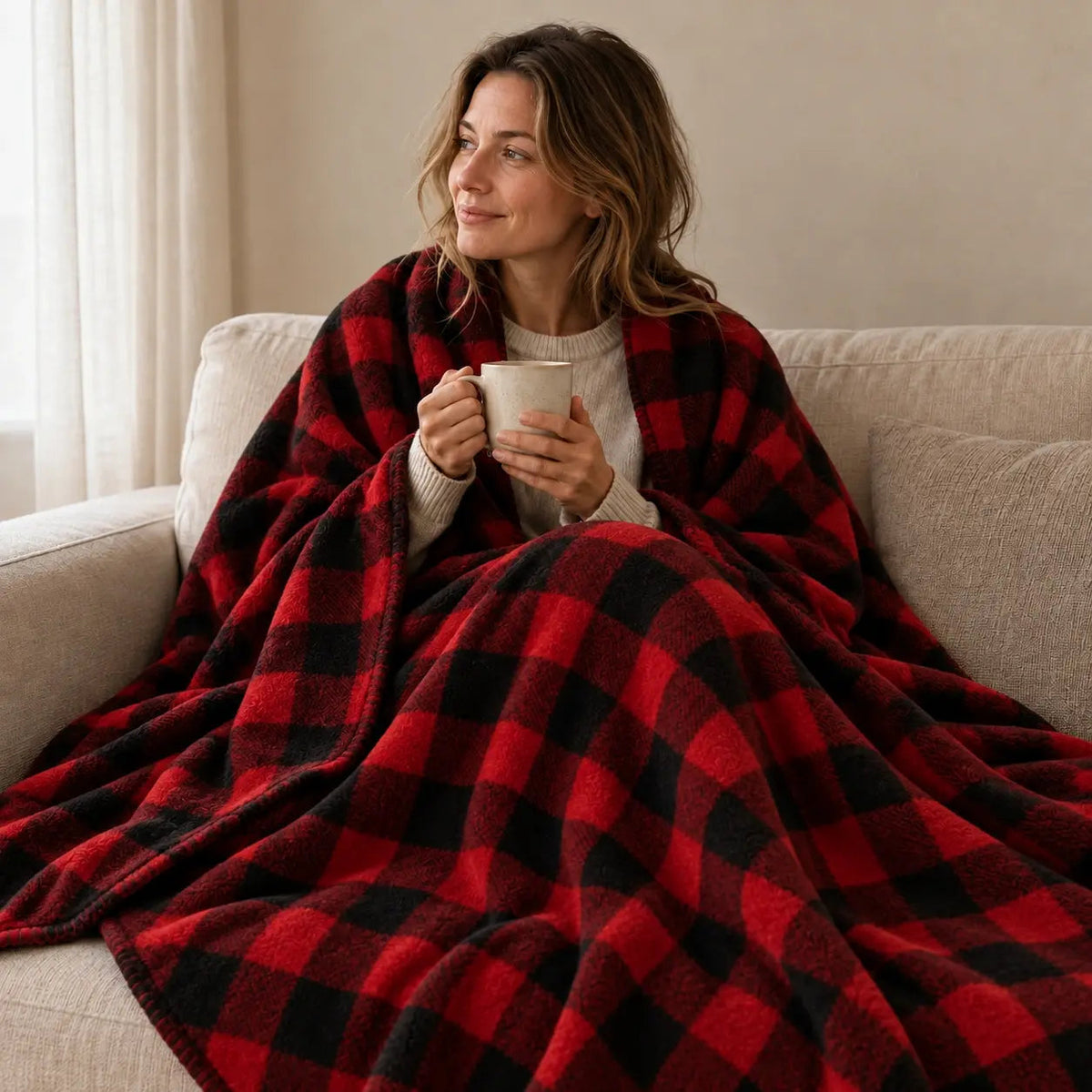 Red and black large check tartan throw in a cosy room